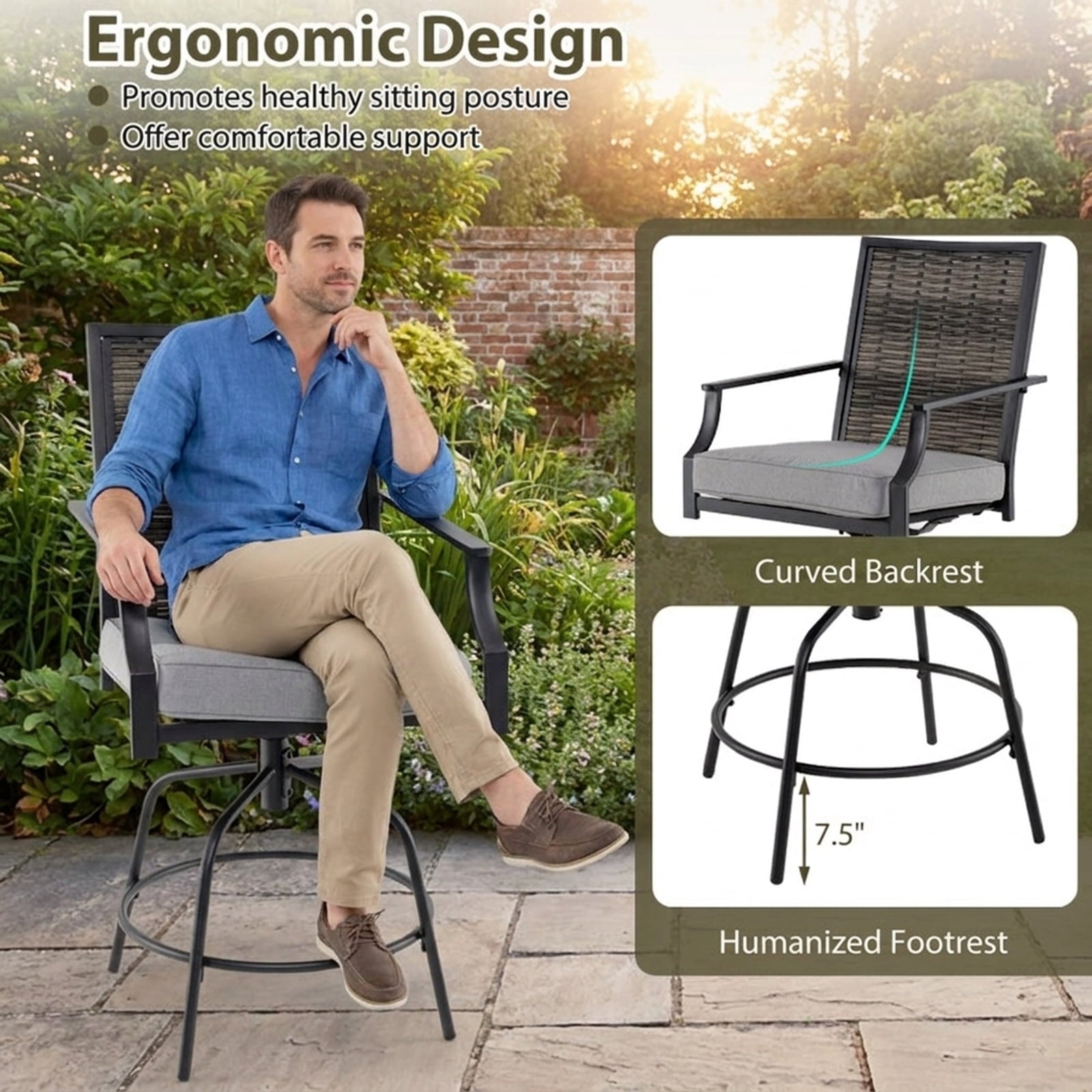 Biotree Set of 2 Outdoor PE Wicker Swivel Bar Stools 24-Inch Counter Height Patio Bar Chairs with Backrest, Grey
