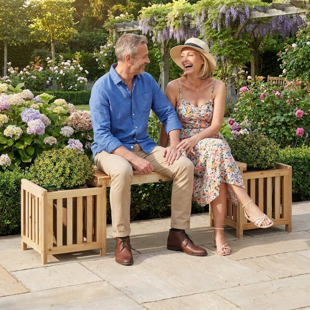 Biotree Patio Wooden Bench with Planter 2 Person Patio Bench Stackable Patio Chair for Garden BackyardNatural