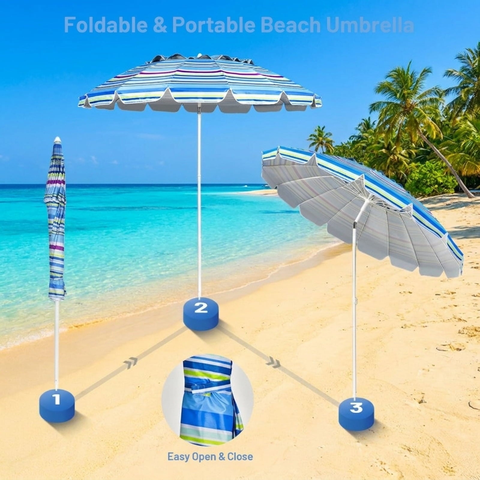 Biotree 8.0 ft Portable Beach Umbrella with Carrying Bag, 16 Ribs, Sand Tilt Mechanism - Blue for Backyard