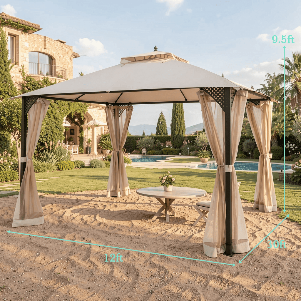 Biotree 12 x 10 Feet Outdoor Double Top Patio Gazebo Beige - Outdoor Patio Backyard Garden Shade Canopy Shelter