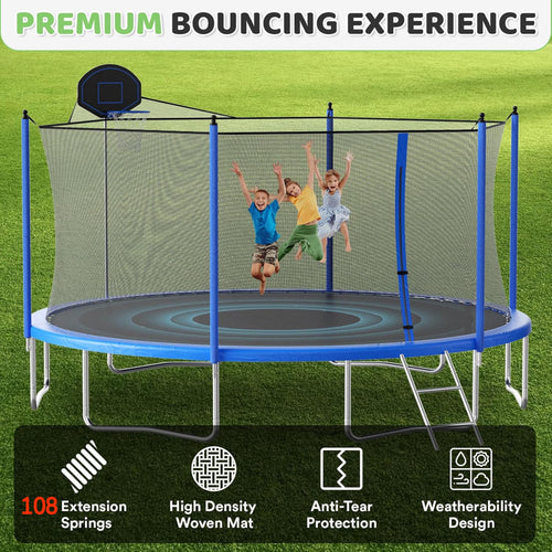 Biotree 16 FT Trampoline for Kids and Adults, Outdoor Trampoline with Basketball Hoop Safety Enclosure Net,Large Load Capacity Heavy-Duty Jumping Trampoline for Boys and Girls