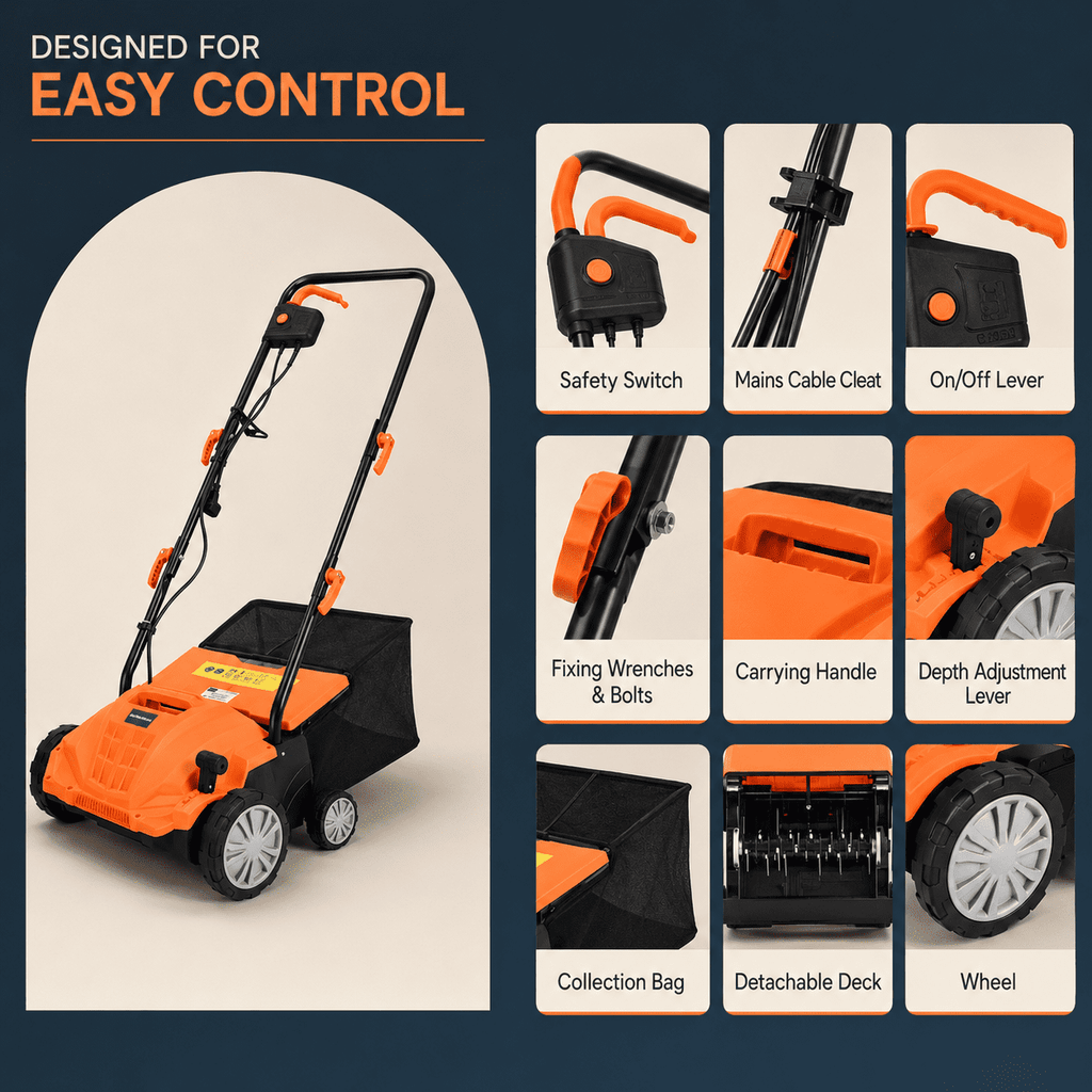 Biotree 13" 12 Amp Electric Lawn Scarifier Dethatcher, Corded Lawn Rake with 3-Position Depth Adjustment, Removable Blades and 40L Collection Bag for Grass Renovation and Yard Care Orange