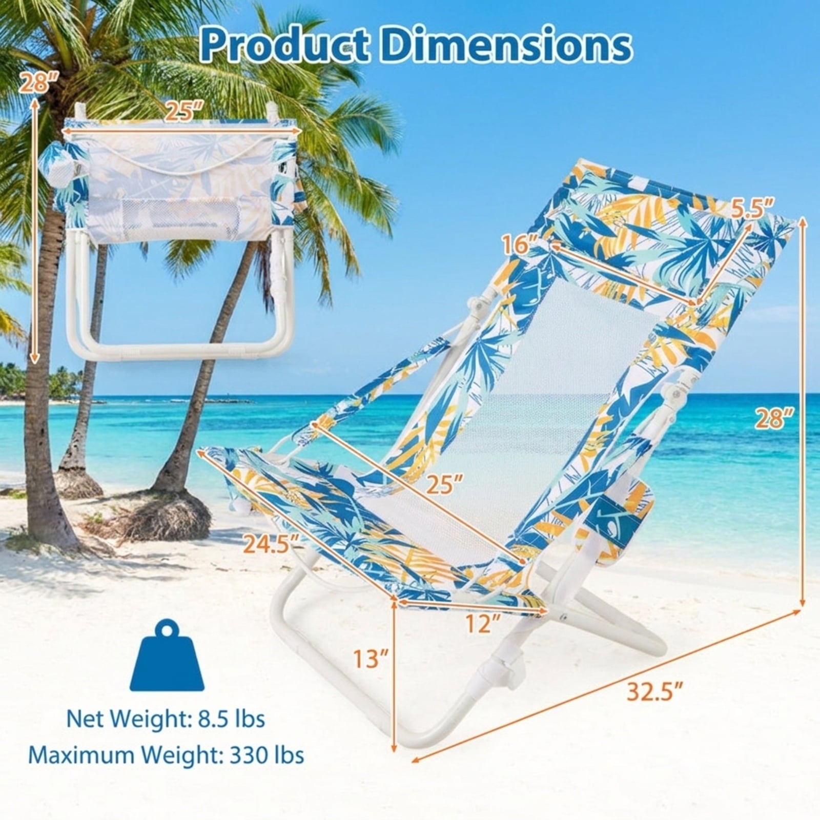 Biotree Folding Low Beach Chair Set of 2 Patio Sling Chairs with Padded Head Pillow Stackable Patio Chair for Garden BackyardBlue