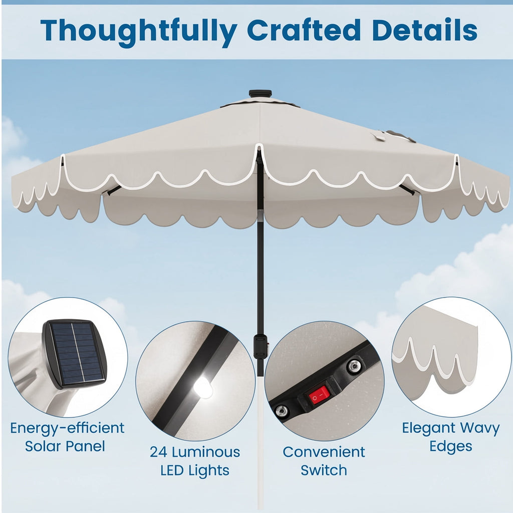 Biotree 9.3 Feet Solar Patio Umbrella with 24 LED Lights Vented Top and Ruffles-Beige Outdoor Backyard