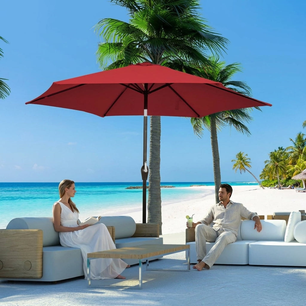 Biotree 9 ft Market Patio Umbrella with Crank and Tilt, 8 Sturdy Ribs, Vented Canopy - Burgundy for Backyard