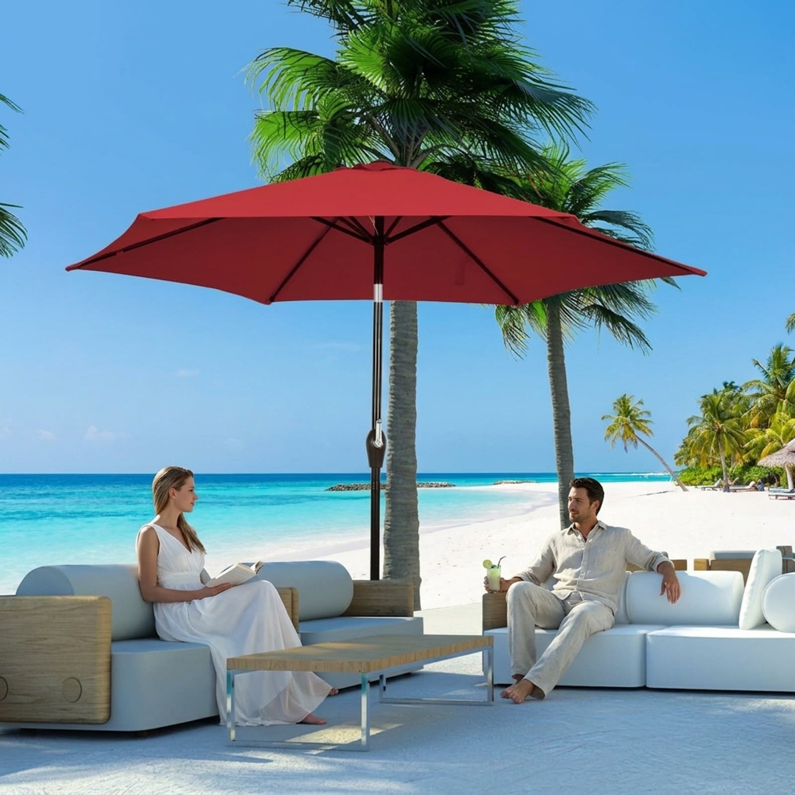 Biotree 9 ft Market Patio Umbrella with Crank and Tilt, 8 Sturdy Ribs, Vented Canopy - Burgundy for Backyard