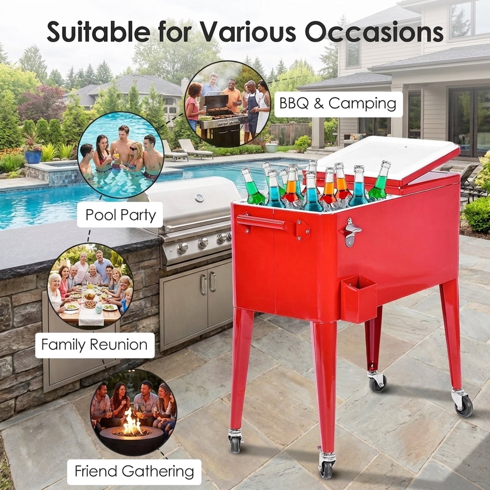 Biotree Portable Outdoor Patio Rolling Cooler Cart with Wheels and Drain Plug Ice Chest Cart for Party Beach Camping, Red