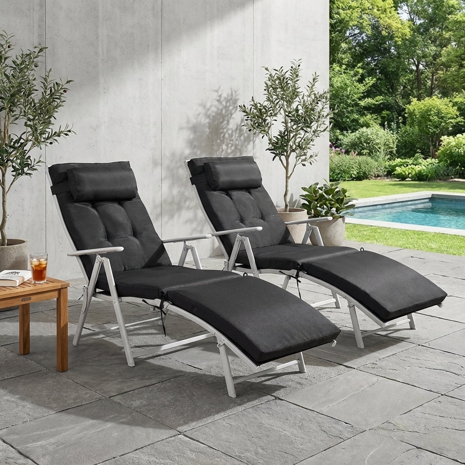 Biotree Adjustable Folding Chaise Lounge Chair with Pillow-Black