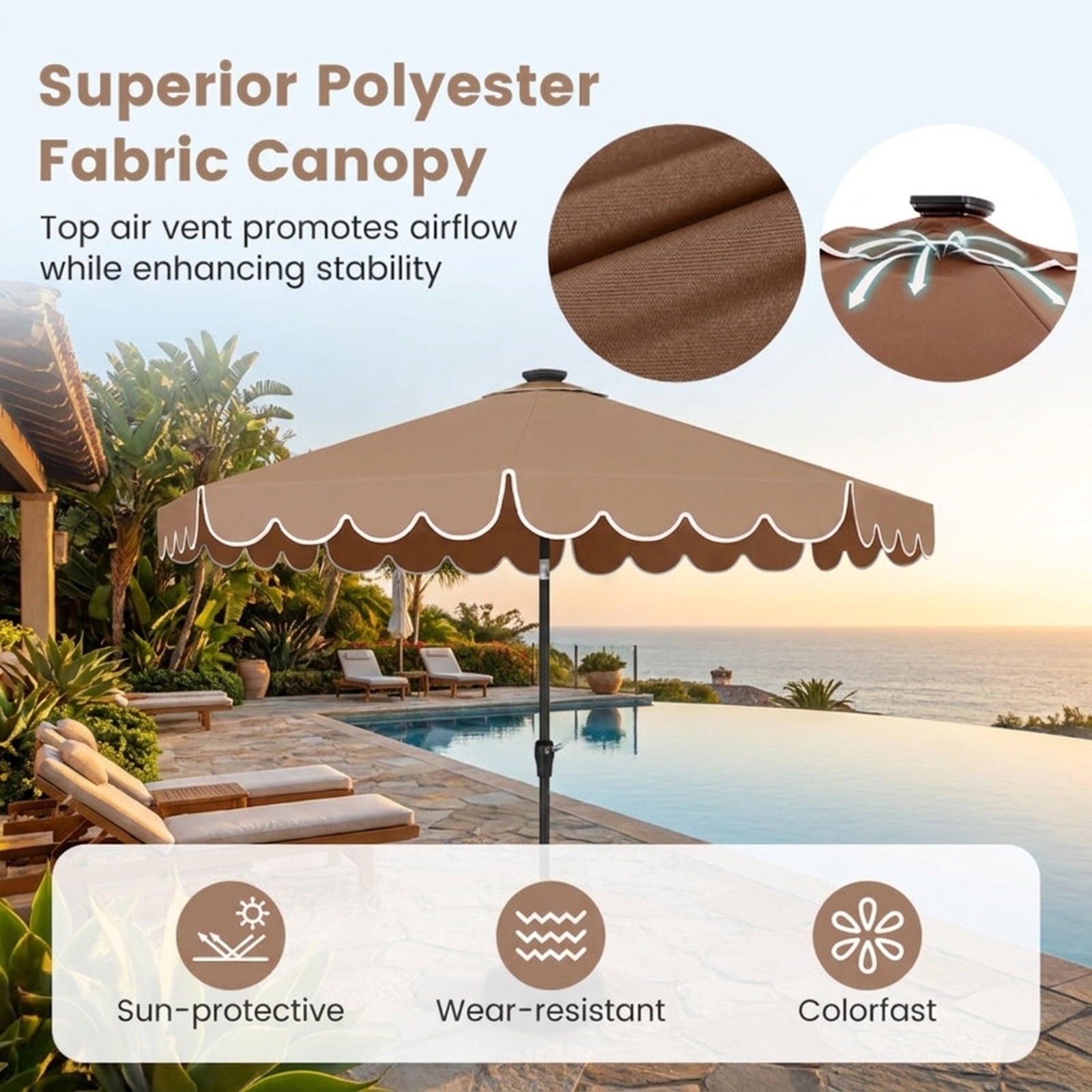 Biotree 9.3 ft Market Patio Umbrella with Crank and Tilt, 8 Sturdy Ribs, Vented Canopy - Coffee for Backyard