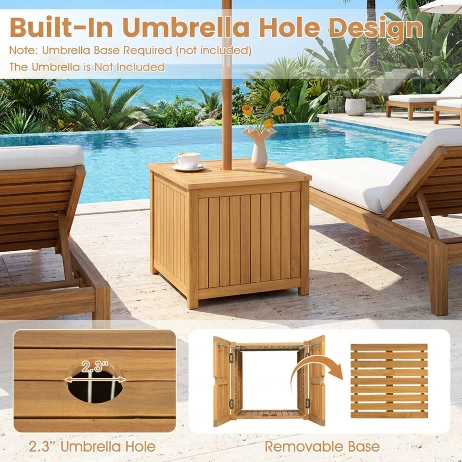 Biotree 2-in-1 Outdoor Side Table with Storage Acacia Wood Slatted Coffee Table Square Slatted End Storage Box with 2.3" Umbrella Hole, Natural