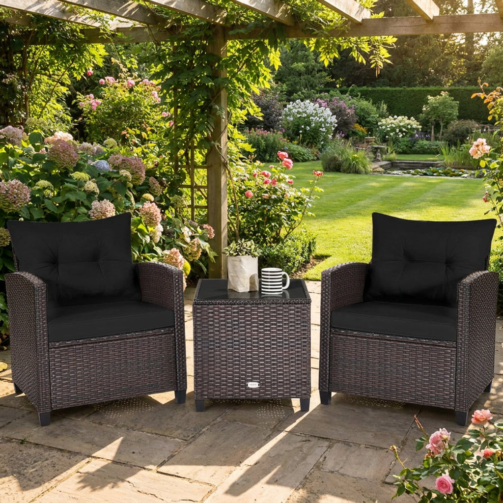 Biotree 3 Pcs Patio Rattan Furniture Set Cushioned Conversation Set Coffee Table Outdoor Conversation Set for Garden Backyard PorchBlack