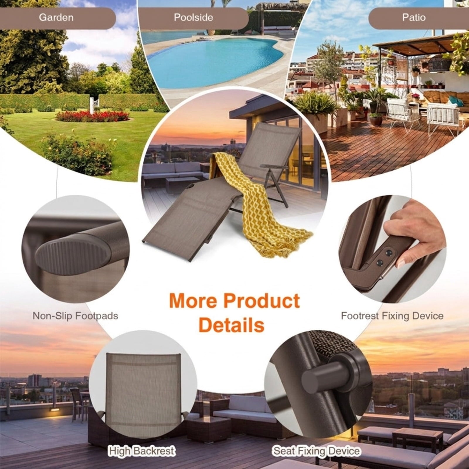 Biotree 2 Pieces Foldable Chaise Lounge Chair with 2-Position Footrest Stackable Patio Chair for Garden BackyardBrown