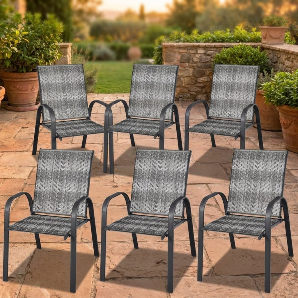 Biotree Set of 6 Outdoor PE Wicker Stackable Chairs with Sturdy Steel Frame Stackable Patio Chair for Garden BackyardGray
