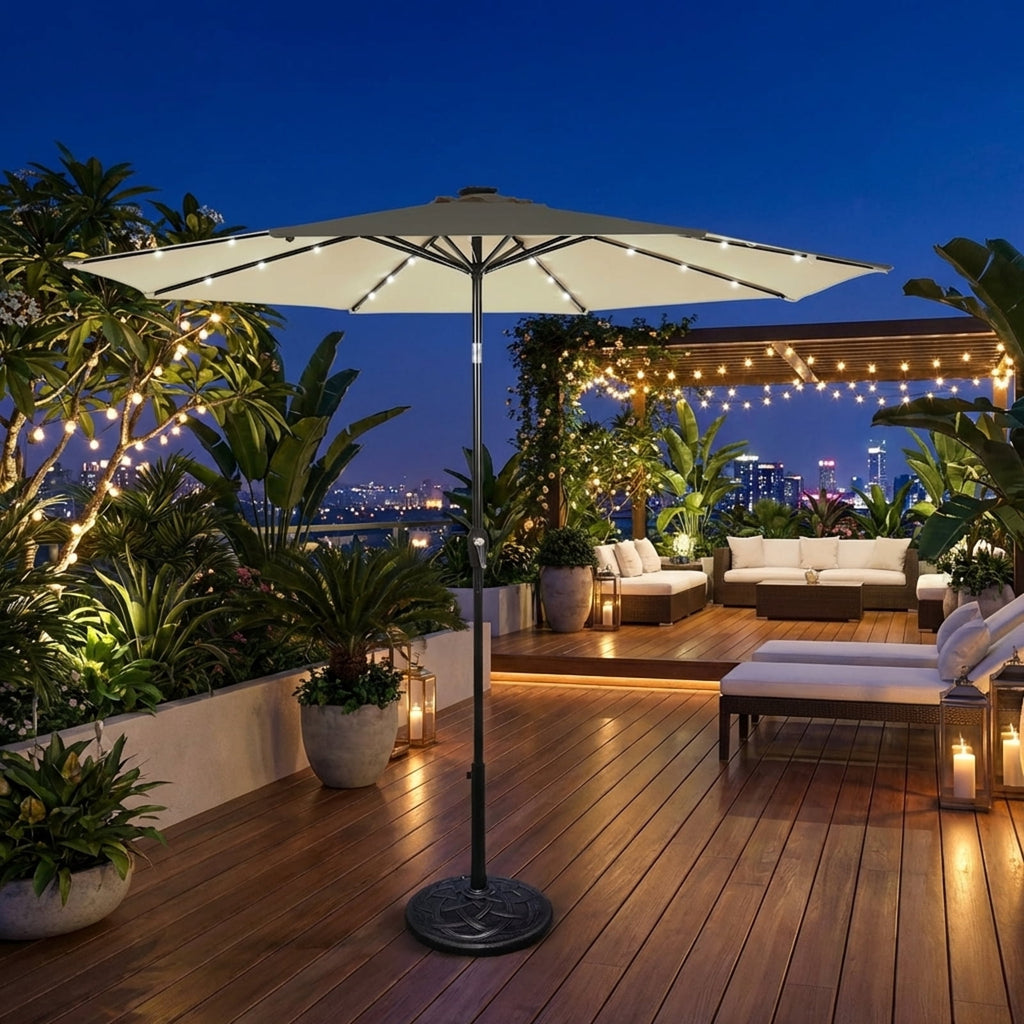 Biotree 10 Solar LED Lighted Patio Market Umbrella Shade Tilt Adjustment Crank-Tan Outdoor Backyard