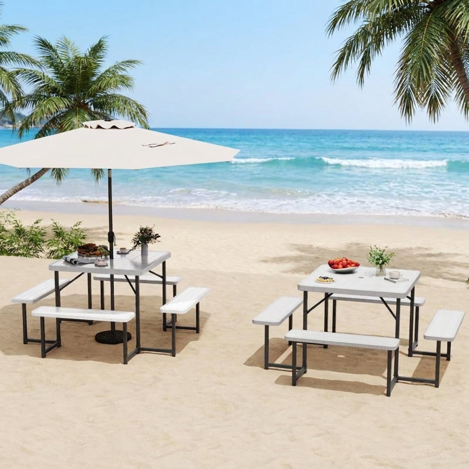Biotree 63-Inch Outdoor Square Picnic Table Bench Set for 4-8 People with Umbrella Hole, White