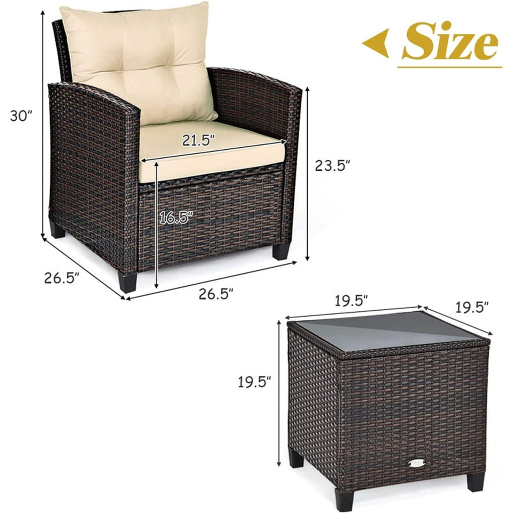 Biotree 3 Pcs Patio Rattan Furniture Set Cushioned Conversation Set Coffee Table Outdoor Conversation Set for Garden Backyard PorchBeige