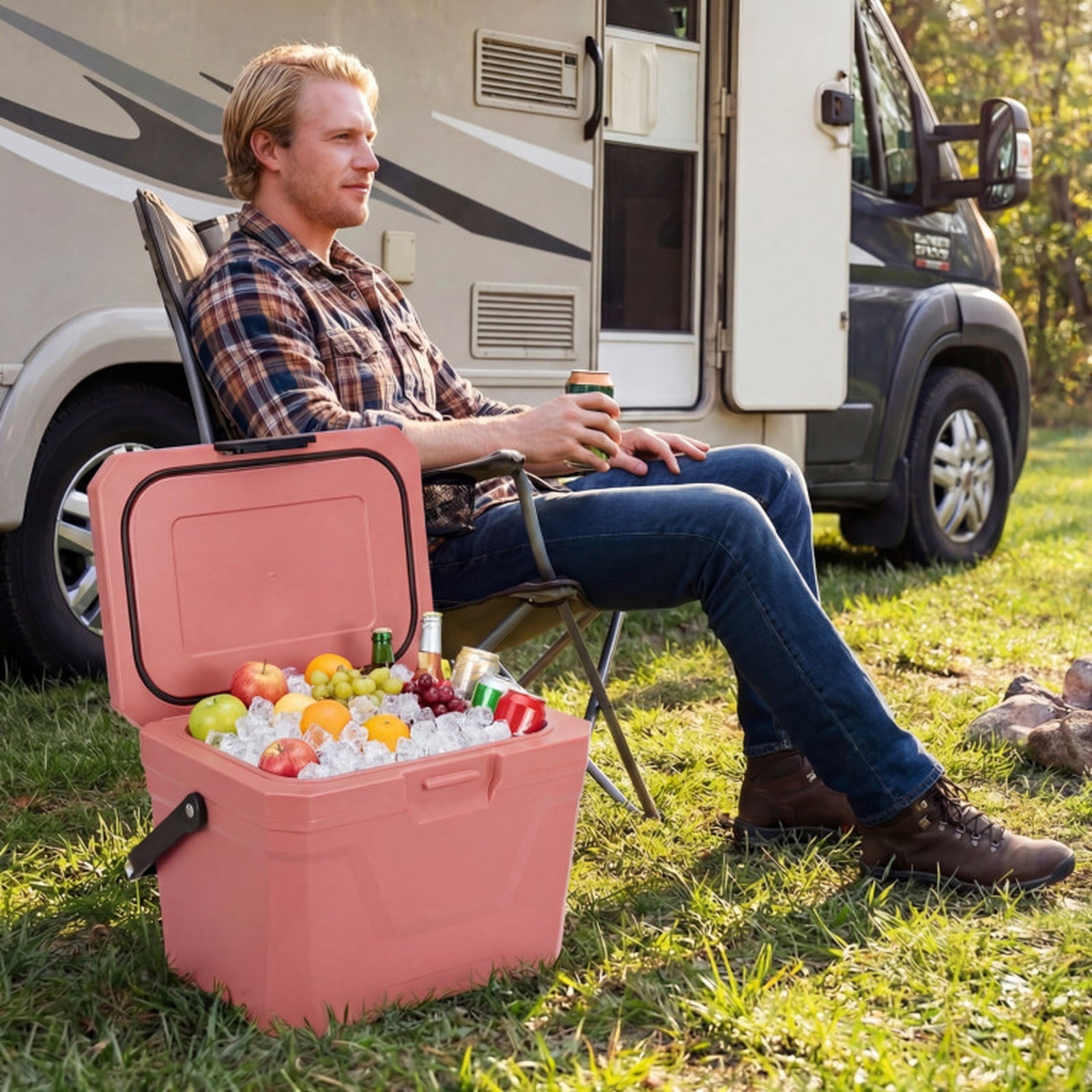 Biotree 21 Qt Insulated Portable Cooler Hard Shell Ice Chest with 2 Cup Holders, Pink