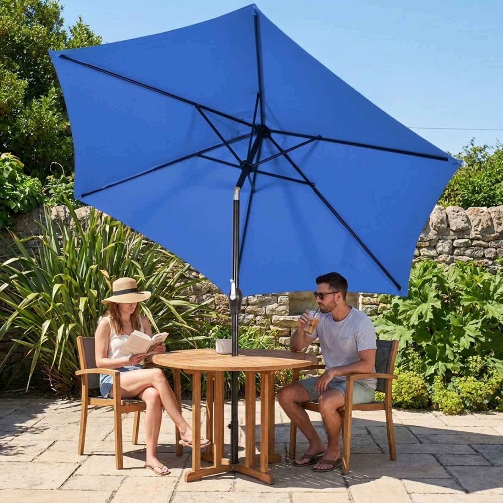 Biotree 9 ft Market Patio Umbrella with Crank and Tilt, 8 Sturdy Ribs, Vented Canopy - Blue for Backyard