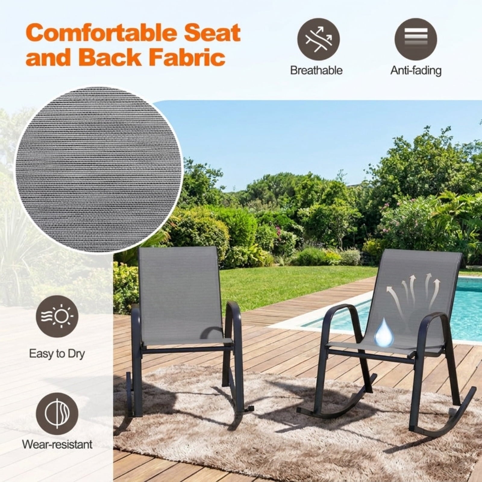 Biotree Set of 2 Metal Patio Rocking Chair with Breathable Seat Fabric Stackable Patio Chair for Garden BackyardGray