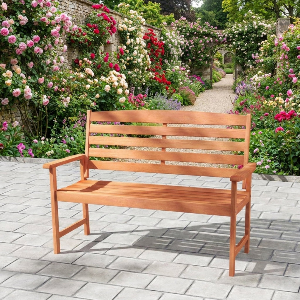 Biotree 2-Person Wooden Garden Bench with Slatted Backrest and Comfortable Armrests Stackable Patio Chair for Garden BackyardNatural