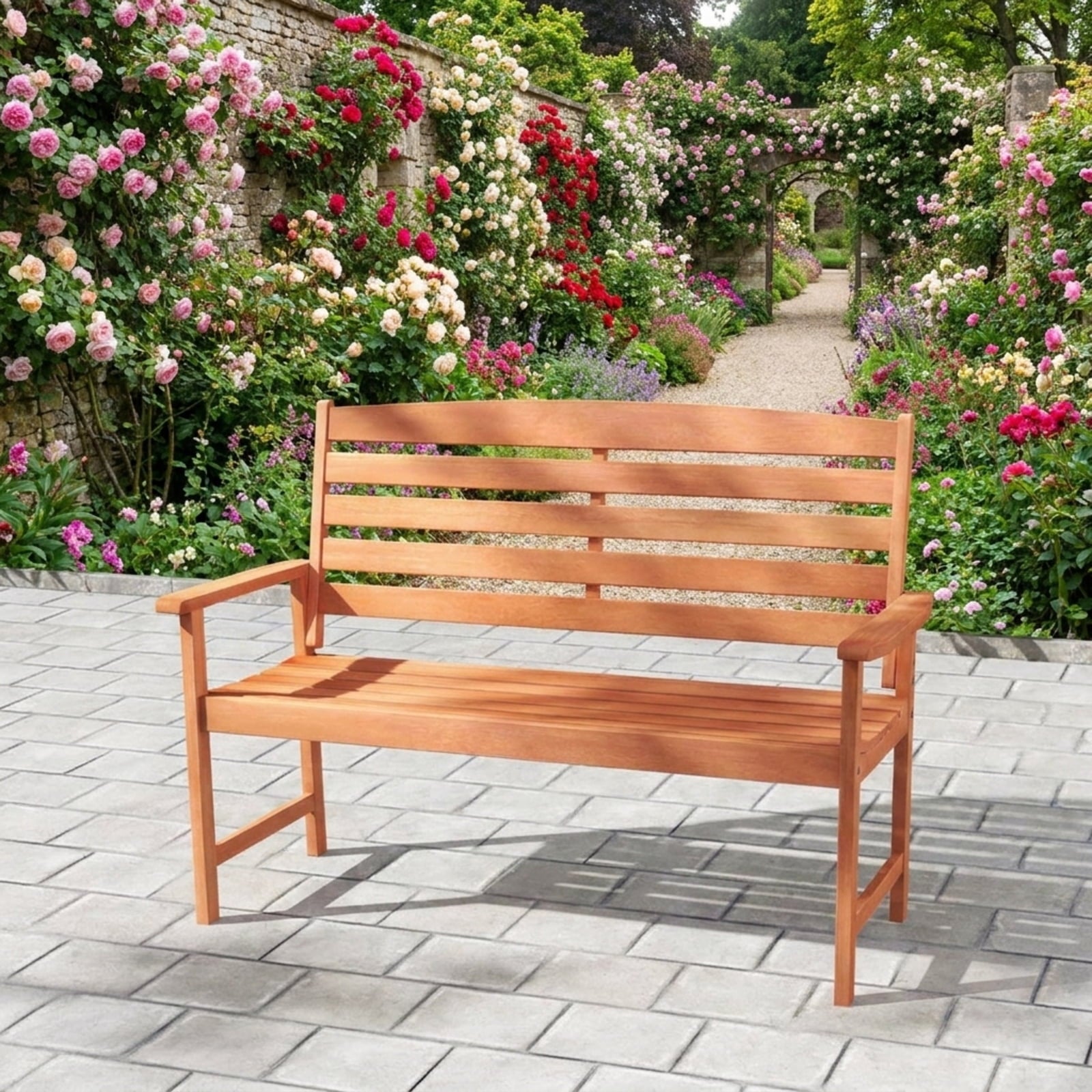 Biotree 2-Person Wooden Garden Bench with Slatted Backrest and Comfortable Armrests Stackable Patio Chair for Garden BackyardNatural