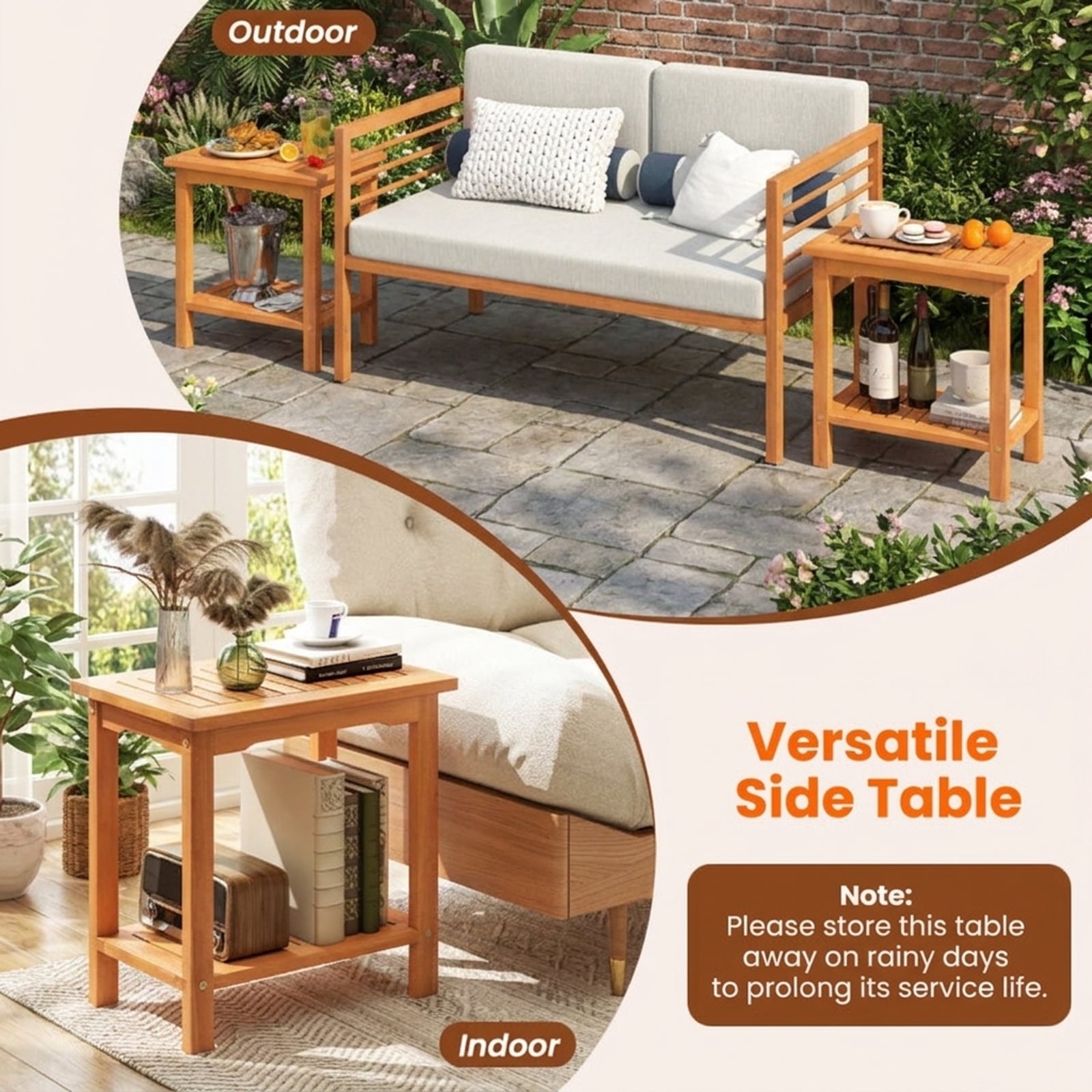 Biotree 2-Tier Outdoor Acacia Wood Side Table with Slatted Tabletop and Storage Shelf, Natural