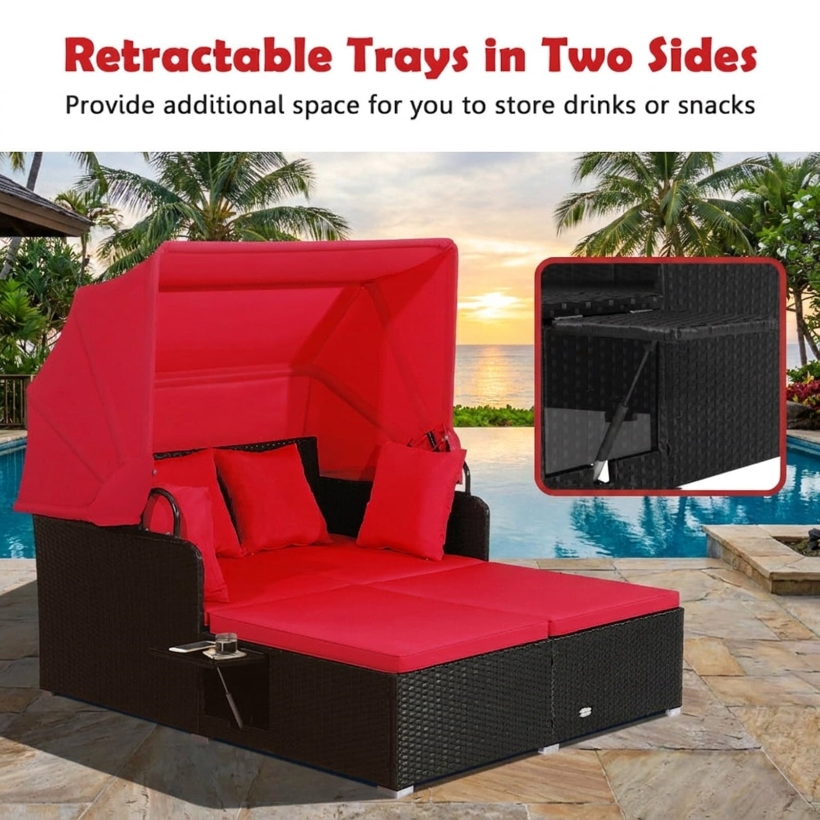 Biotree Patio Rattan Daybed with Retractable Canopy and Side Tables Outdoor Conversation Set for Garden Backyard PorchRed