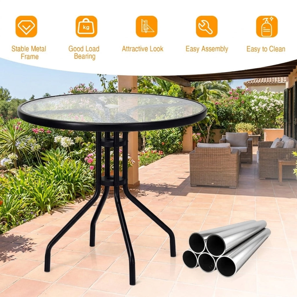 Biotree 32 Inch Outdoor Patio Round Tempered Glass Top Table with Umbrella Hole, Black