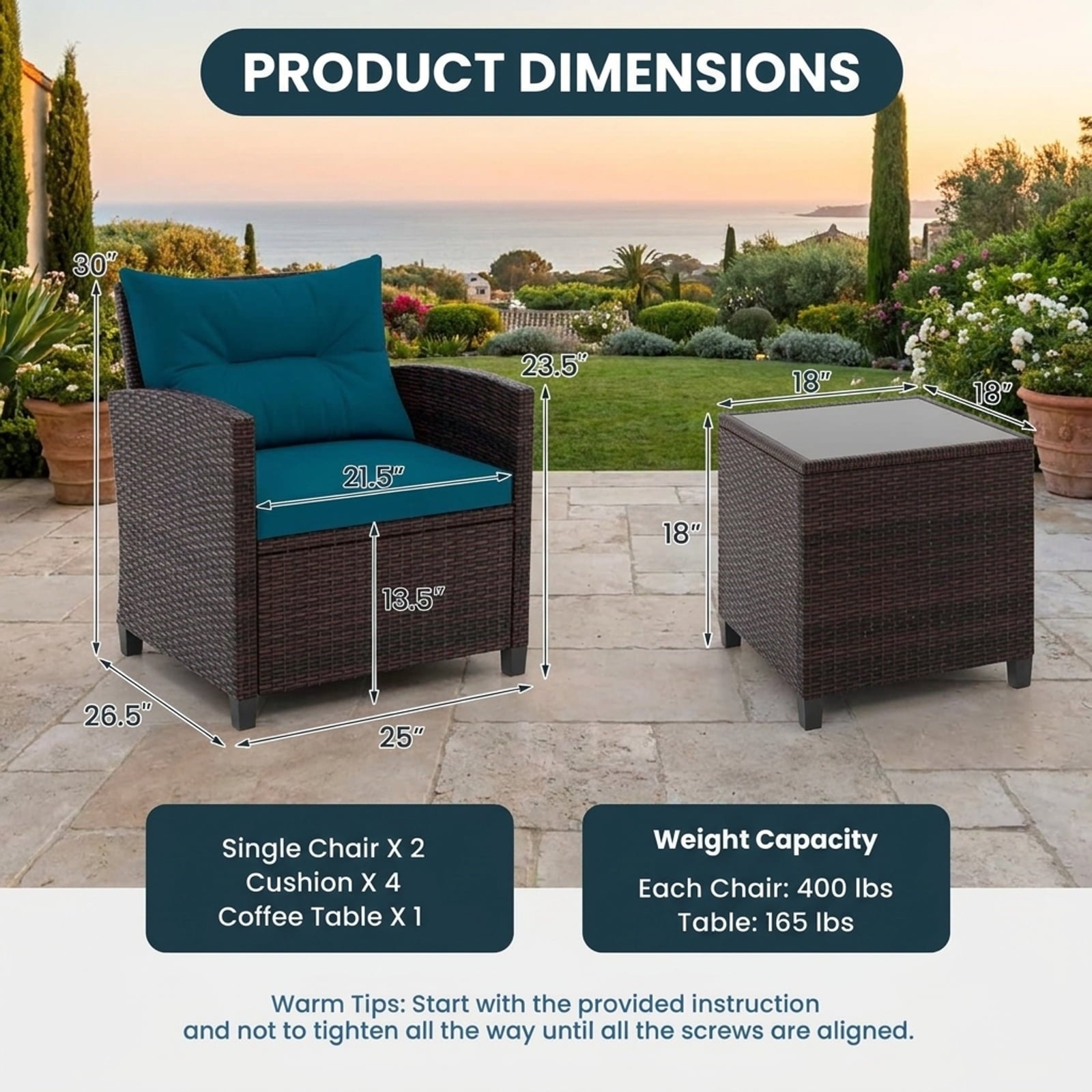 Biotree 3 Pieces Rattan Patio Furniture Set with Washable Cushion Outdoor Conversation Set for Garden Backyard PorchPeacock Blue