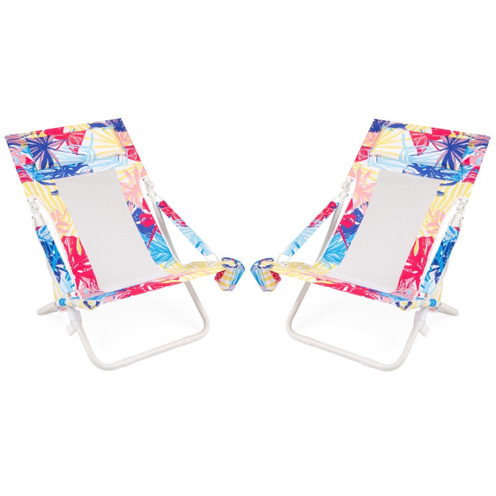 Biotree Folding Low Beach Chair Set of 2 Patio Sling Chairs with Padded Head Pillow Stackable Patio Chair for Garden BackyardPink
