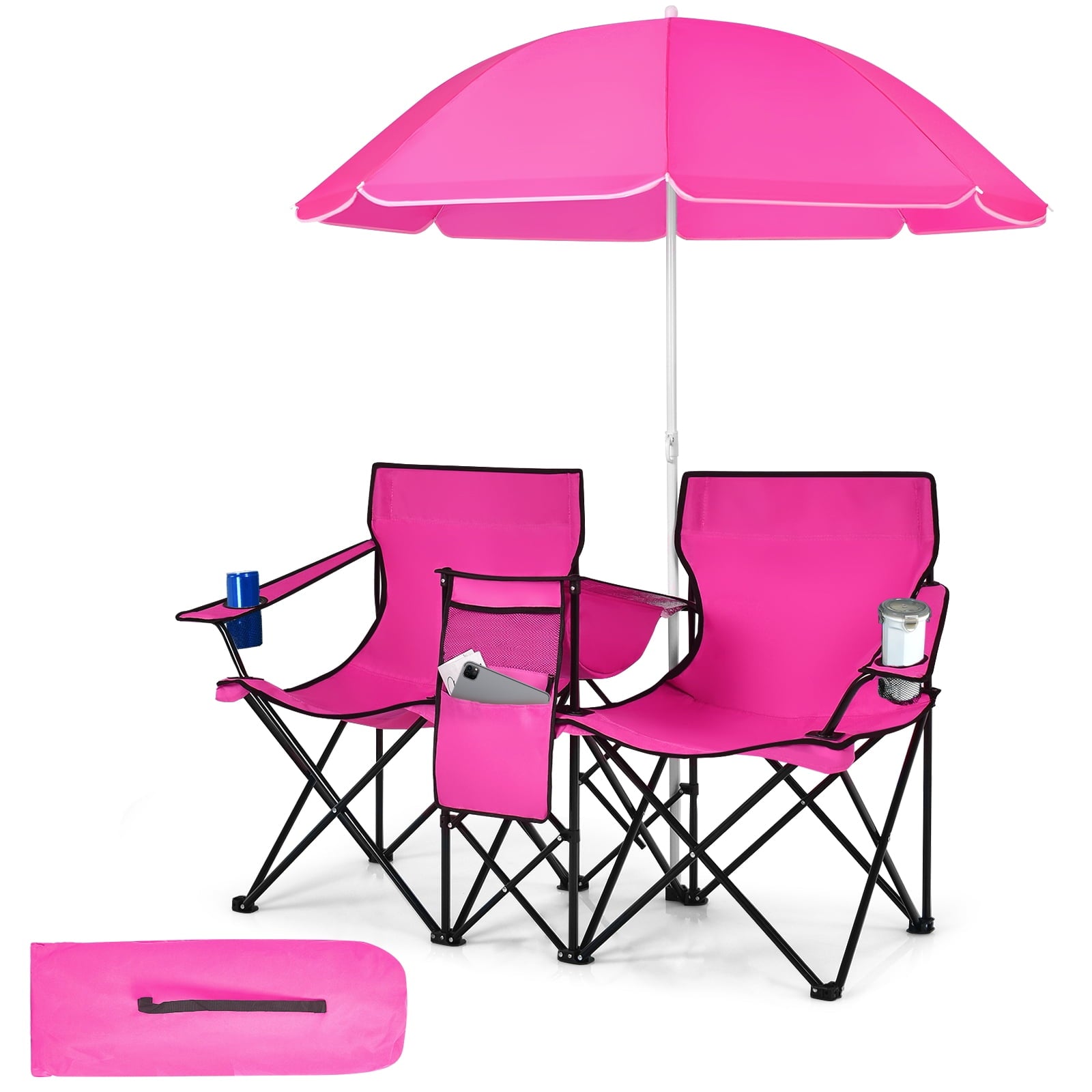 Biotree Double Camping Chair with Removable Umbrella Portable Folding Loveseat with Cooler Bag and Cup Holders for Beach Picnic, Pink