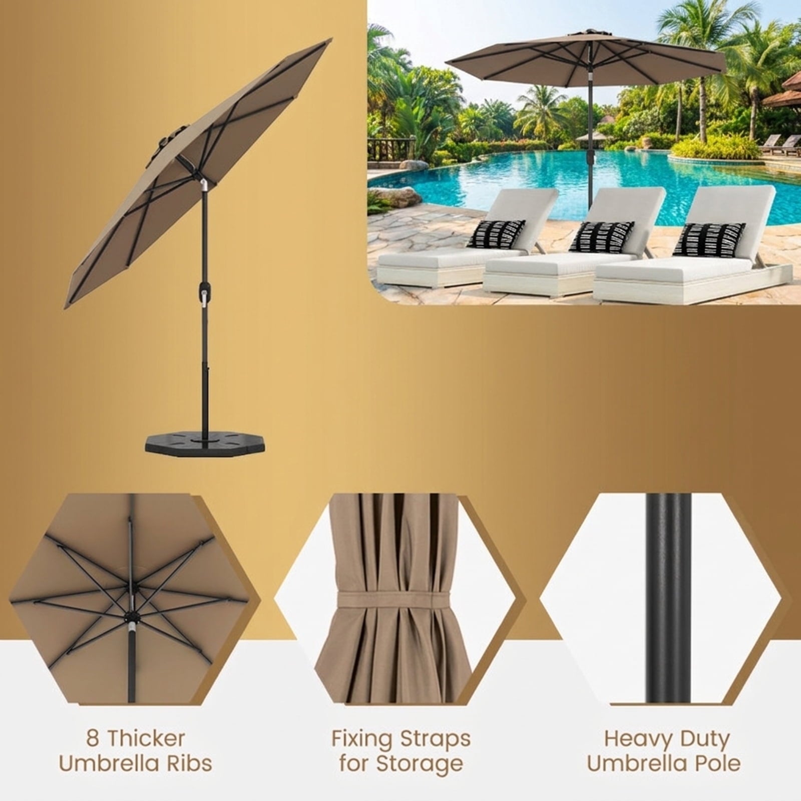 Biotree 9 ft Market Patio Umbrella with Crank and Tilt, 8 Sturdy Ribs, Vented Canopy - Tan for Backyard