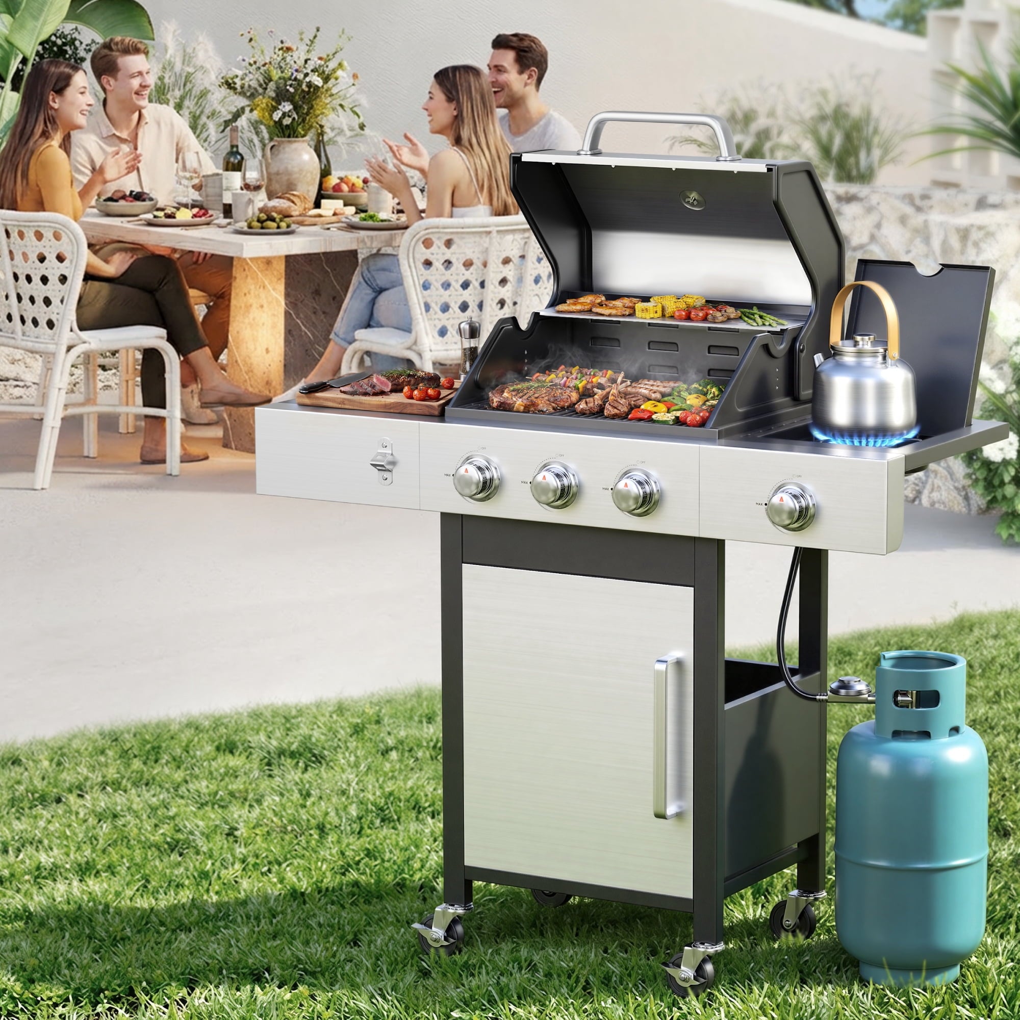 Biotree 3 Burner Gas Grill with Side Burner, 40800 BTU Barbecue Grill Propane Stainless Steel BBQ Grill with Porcelain-Enameled Cast Iron Grates for Outdoor Cooking