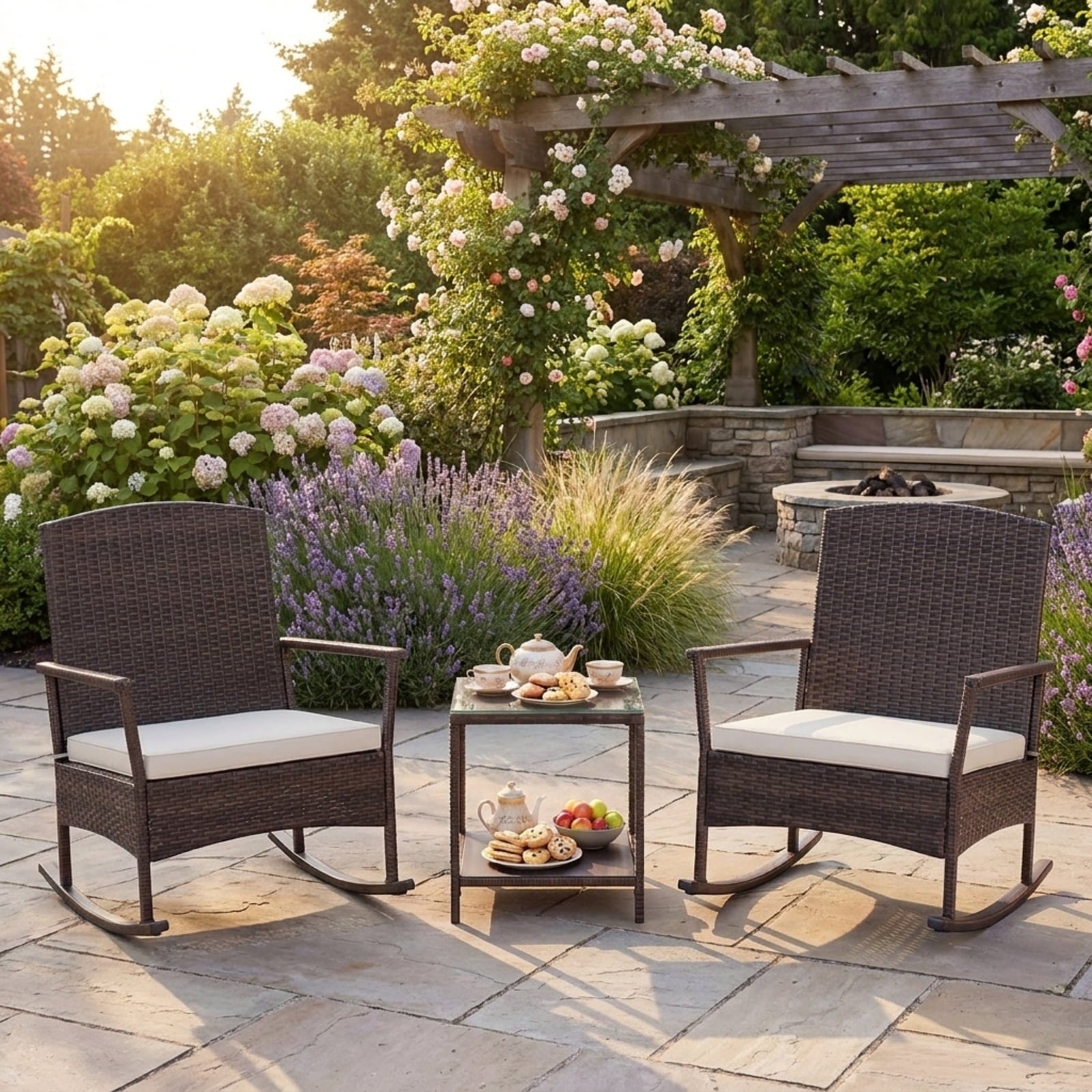 Biotree 3 Piece Patio Rocking Set Wicker Rocking Chairs with 2-Tier Coffee Table Outdoor Conversation Set for Garden Backyard PorchOff White