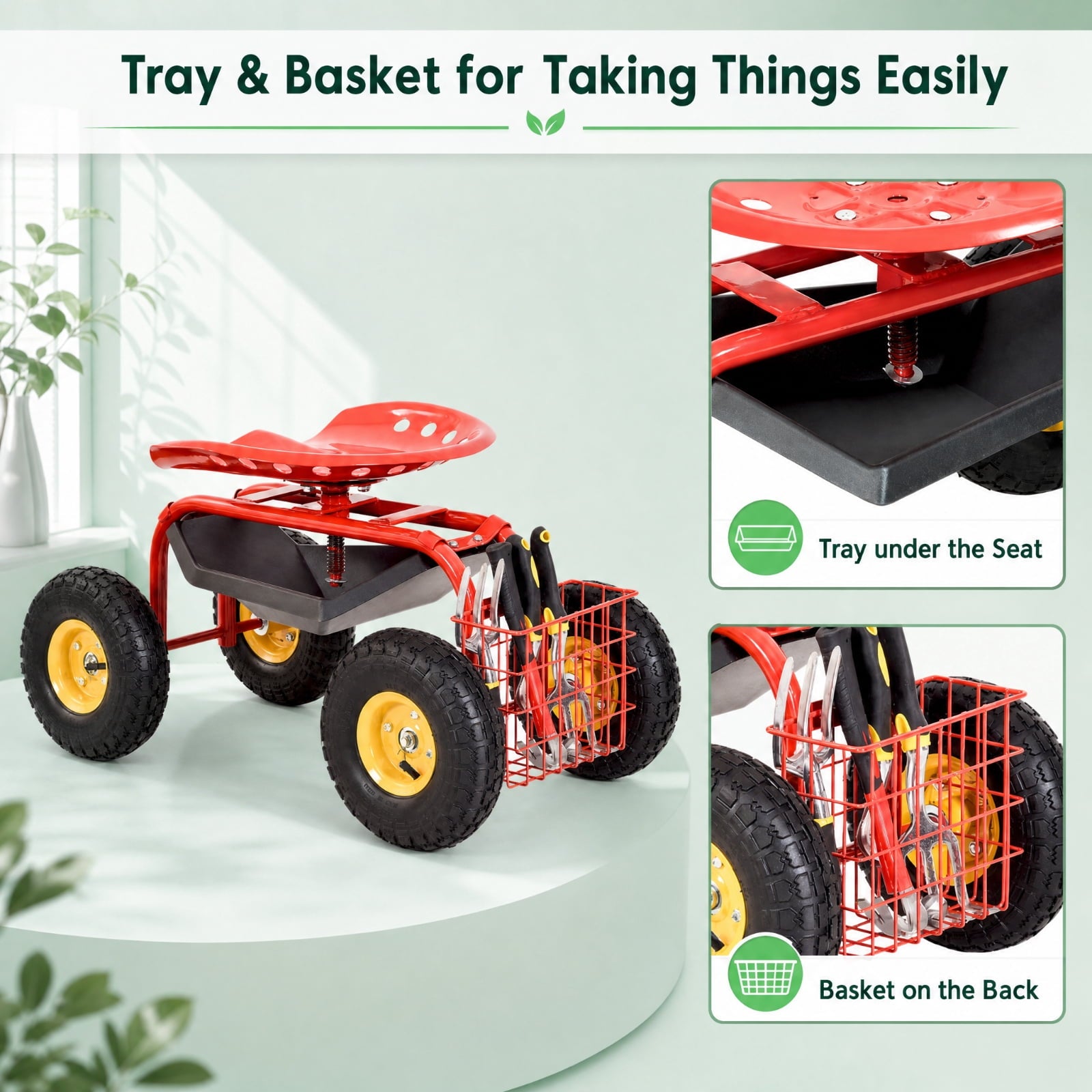 Biotree Rolling Garden Cart with Seat, 360¡ãSwivel Seat Adjustable Height,330lbs Load Capacity, Wagon Scooter with Storage Bracket and Tool Tray, Suitable for Patio Yard, Red