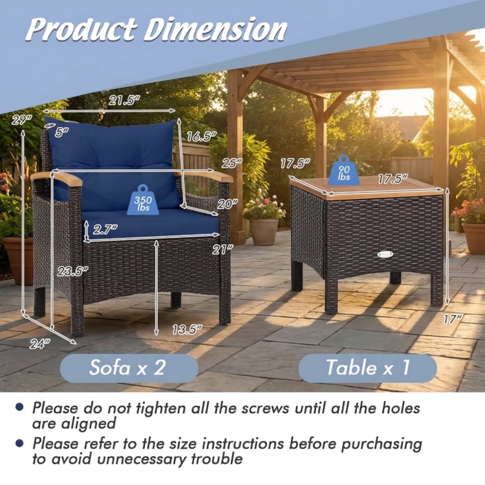 Biotree 3 Pieces Patio Rattan Furniture Set with Removable Cushion Outdoor Conversation Set for Garden Backyard PorchNavy