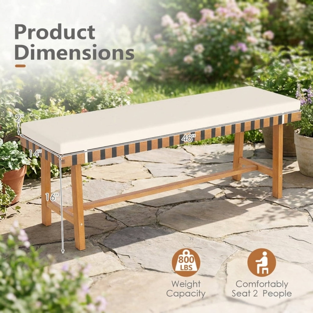 Biotree 48 Inch Acacia Wood Outdoor Bench with Thick Padded Seat Cushion Stackable Patio Chair for Garden BackyardNatural+Off White