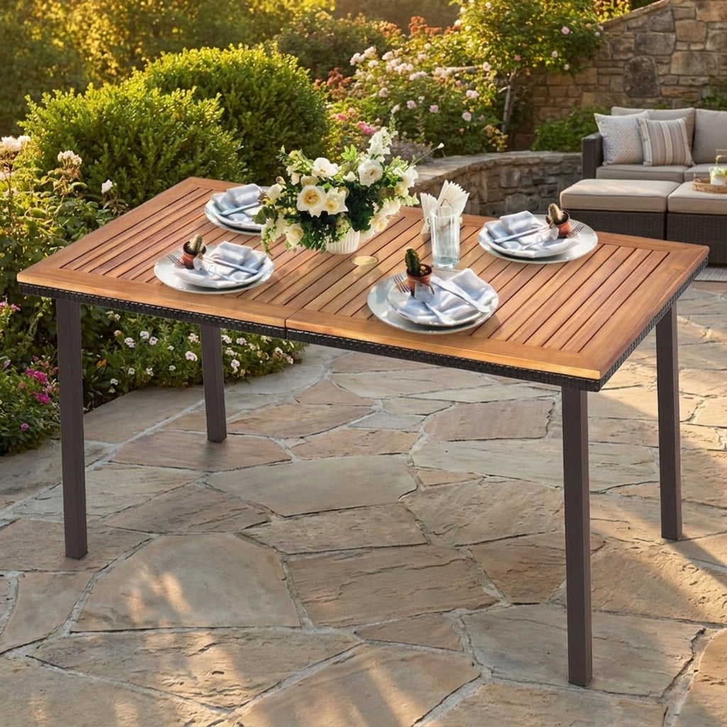 Biotree 55 Inch Patio Acacia Dining Table with Umbrella Hole, Black