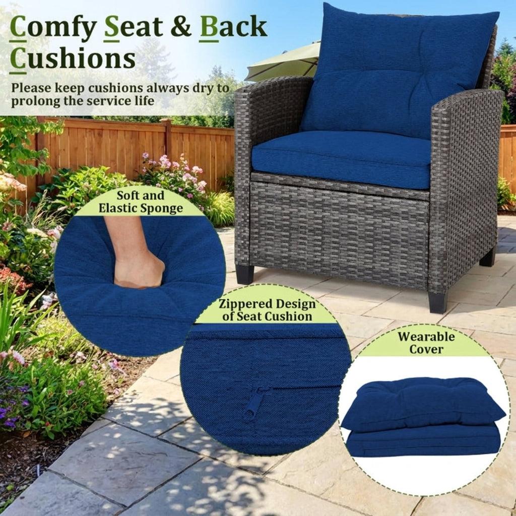 Biotree 3 Pieces Outdoor Wicker Conversation Set with Tempered Glass Tabletop Outdoor Conversation Set for Garden Backyard PorchNavy