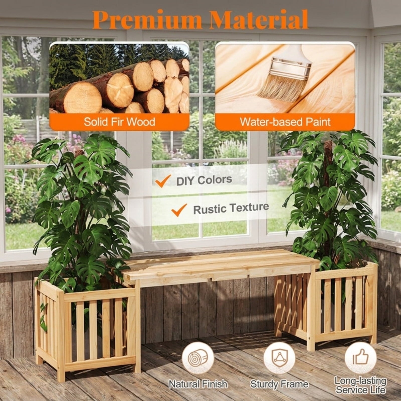 Biotree Patio Wooden Bench with Planter 2 Person Patio Bench Stackable Patio Chair for Garden BackyardNatural