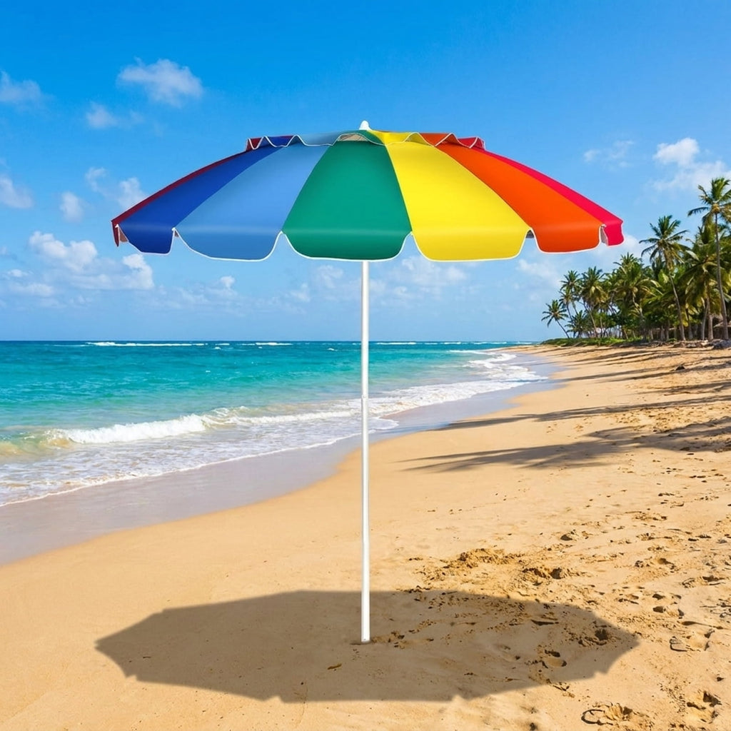 Biotree 8.0 ft Portable Beach Umbrella with Carrying Bag, 16 Ribs, Sand Tilt Mechanism - Multicolor for Backyard