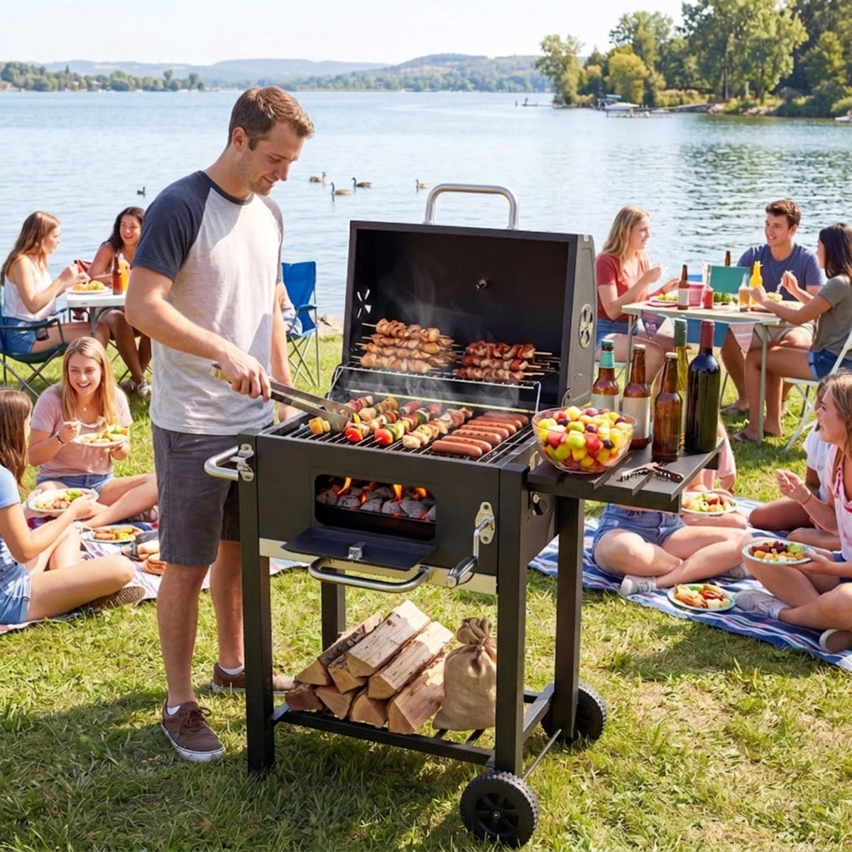 Biotree Portable Outdoor Charcoal BBQ Grill with Adjustable Charcoal Tray, Charcoal Grill on Wheels with Warming Rack, BBQ Smoker Cooker for Backyard Patio Camping Black