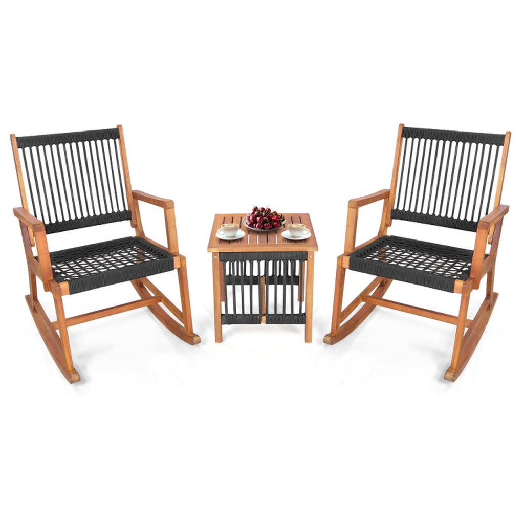 Biotree 3 Pieces Acacia Wood Rocking Bistro Set Outdoor Conversation Set for Garden Backyard PorchBlack and Natural