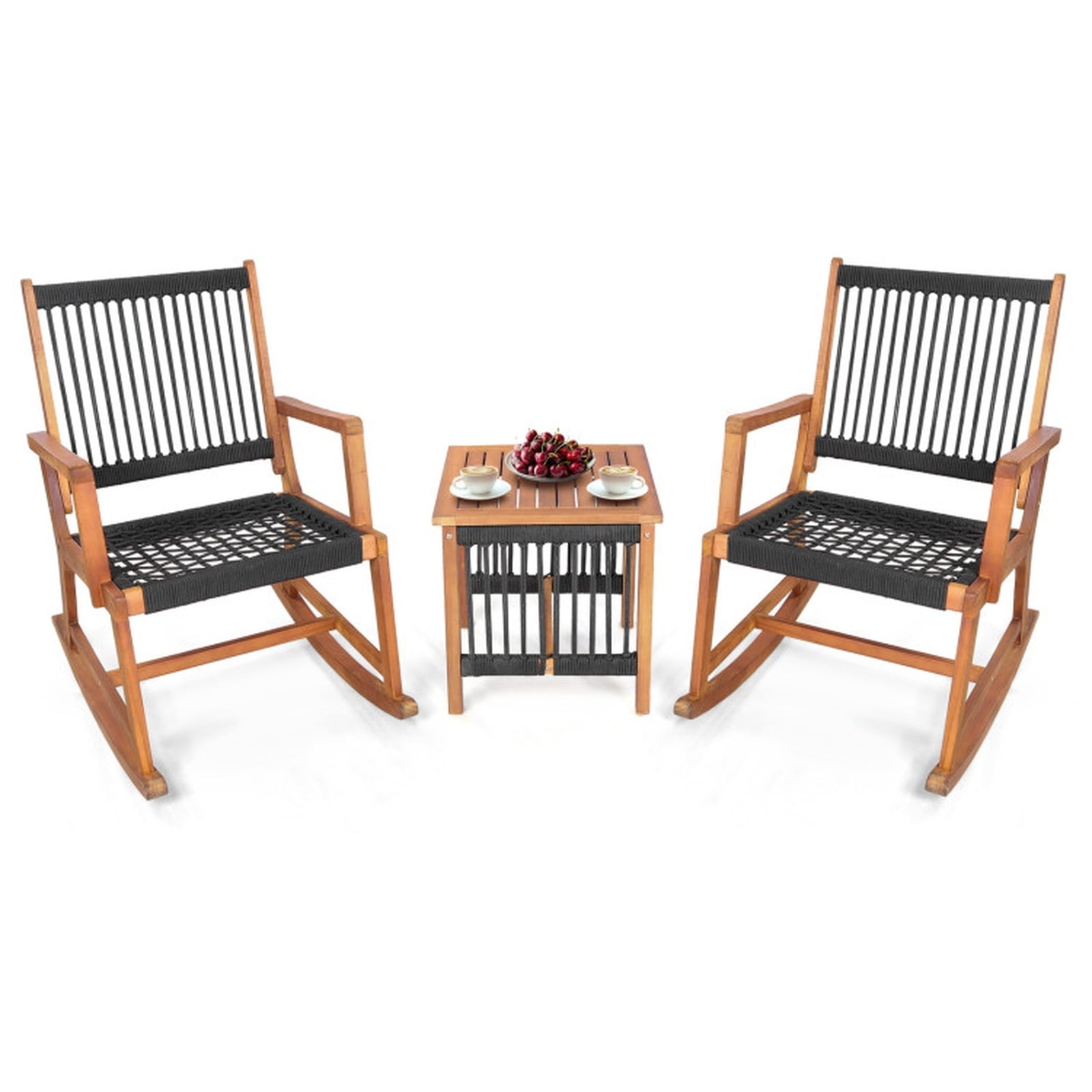 Biotree 3 Pieces Acacia Wood Rocking Bistro Set Outdoor Conversation Set for Garden Backyard PorchBlack and Natural