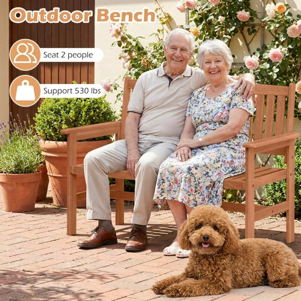 Biotree 2-Person Patio Loveseat with Slatted Backrest and Comfortable Armrests Stackable Patio Chair for Garden BackyardNatural