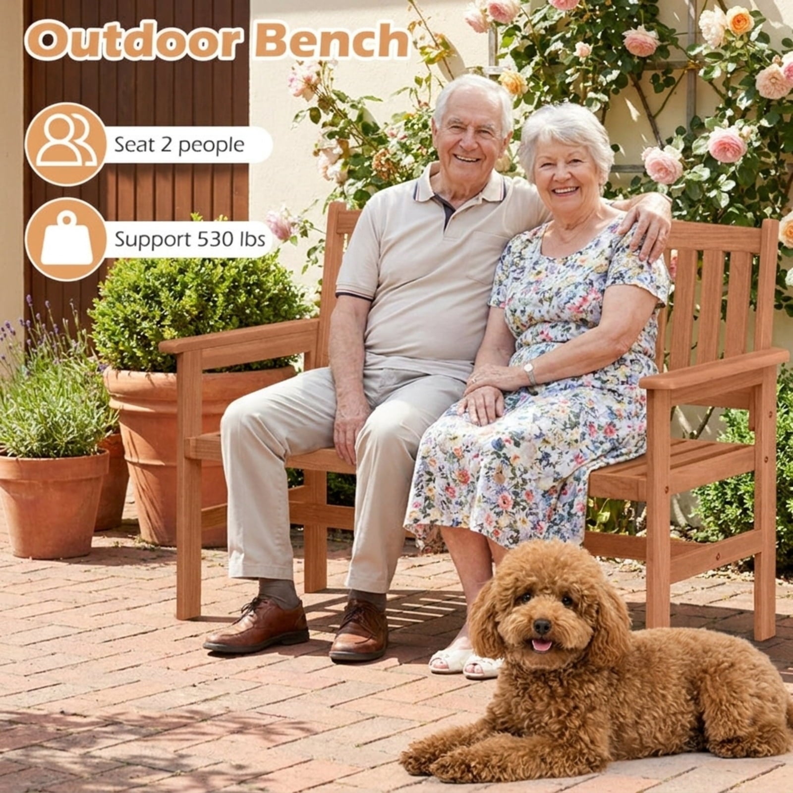 Biotree 2-Person Patio Loveseat with Slatted Backrest and Comfortable Armrests Stackable Patio Chair for Garden BackyardNatural