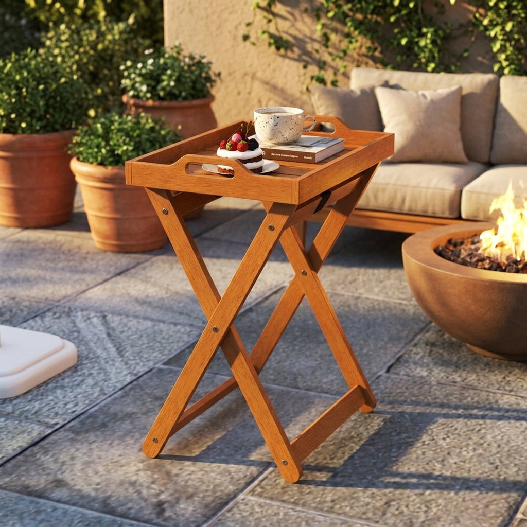 Biotree Outdoor Wood Tray Table Portable Side End Table with Folding Frame, Natural