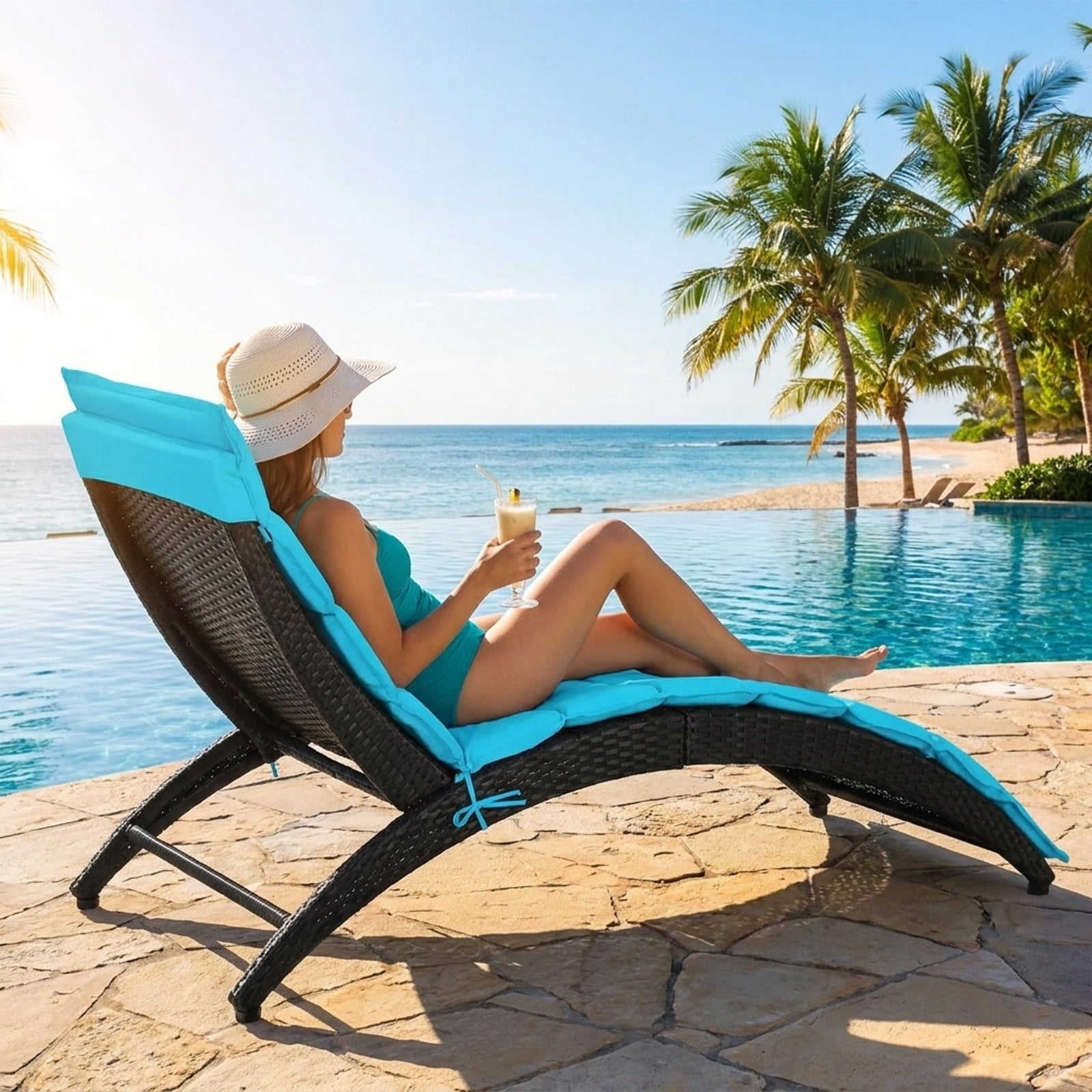 Biotree Folding Patio Rattan Portable Lounge Chair Chaise with Cushion Stackable Patio Chair for Garden BackyardTurquoise