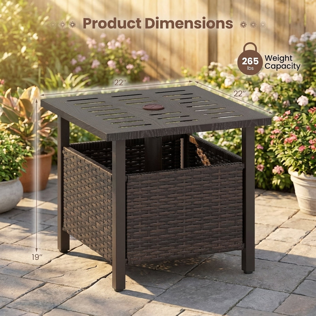 Biotree All-Weather PE Wicker Side Table with Umbrella Hole-Brown