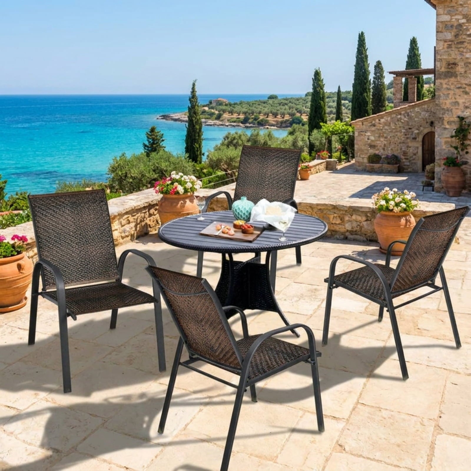 Biotree Set of 6 Outdoor PE Wicker Stackable Chairs with Sturdy Steel Frame Stackable Patio Chair for Garden BackyardBrown